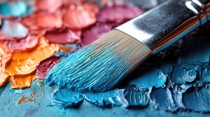 Obraz premium Paint brush on palette with blue paint. Perfect for artistic or creative concepts.