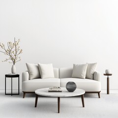 Modern and Cozy Living Room Interior with Elegant Couch, Stylish Coffee Table, Decorative Vase, and Minimalist Design Accents for Contemporary Homes and Spaces