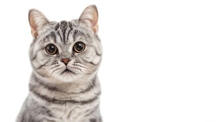 Fototapeta premium Portrait of a silver tabby British shorthair cat looking at the camera isolated on a white background