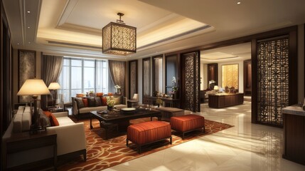 Fototapeta premium Elegant and Modern Living Room Interior Design Featuring Stylish Furniture, Decorative Accessories, and Soft Lighting in a Spacious Luxury Apartment