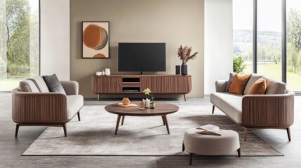 Modern Living Room with Stylish Furniture, Cozy Atmosphere, Large Windows, Contemporary Design, Neutral Color Palette, and Vibrant Accents for Home Interior Inspiration