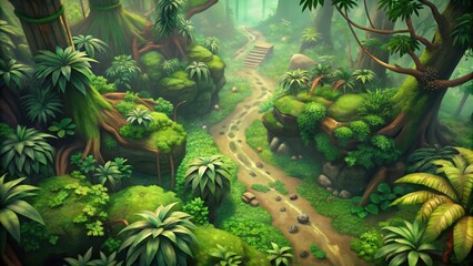Fototapeta premium An aerial view of a lush, green jungle with a winding path and mossy rocks.