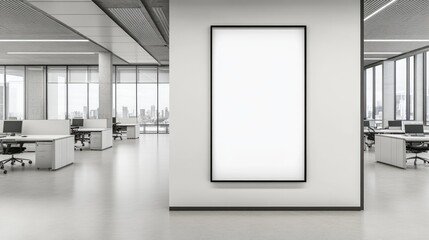 Modern Office Interior with Blank Frame on Wall, Expansive Windows Providing Natural Light, Minimalist Design Elements for Corporate Environments