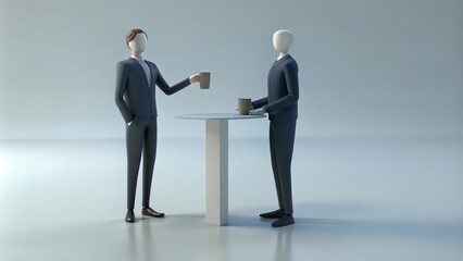 Fototapeta premium Two faceless businessmen in suits standing near a table with coffee cups