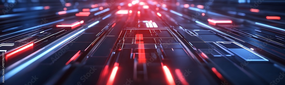 Poster a vibrant digital landscape with glowing lights and lines, depicting a futuristic technology or data