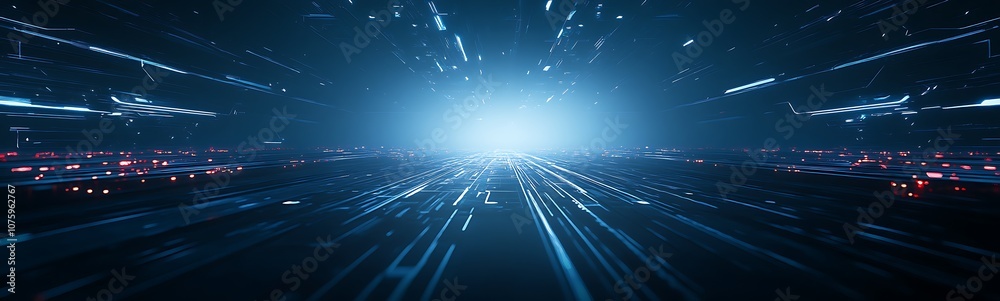 Poster a captivating blue digital landscape with luminous particles, evoking a sense of depth and futuristi