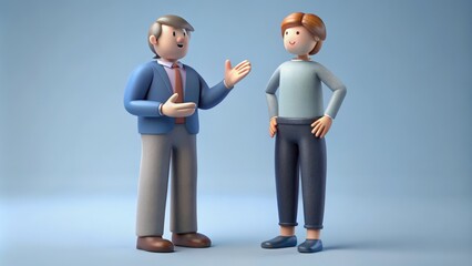 Two 3D cartoon characters, one in a blue suit and the other in a blue sweater and pants, talking to each other.