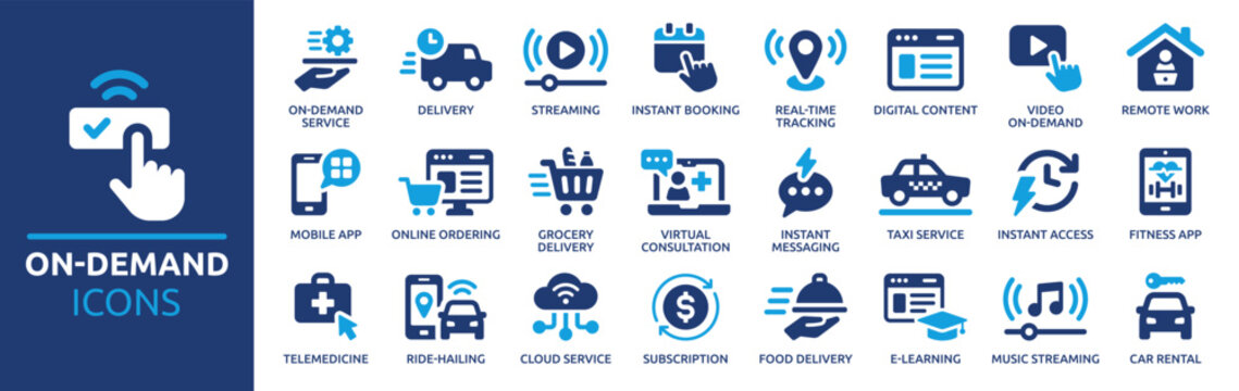 On-demand icon set. Containing streaming, food delivery, instant access, online ordering, video on-demand, subscription, car rental, telemedicine and more. Solid vector icons collection.