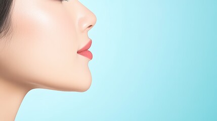 Fototapeta premium Captivating Portrait Side View of a Woman's Face with Smooth Skin and Soft Features Against a Light Blue Background, Perfect for Beauty and Cosmetic Themes