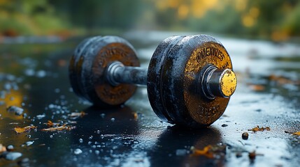 A close-up of a rusty dumbbell lying on a wet pavement.