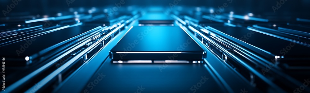 Poster A futuristic, abstract scene featuring glowing blue lines and platforms, creating a sense of depth and technology.