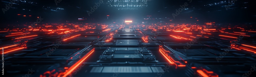 Poster a futuristic digital landscape with glowing red lines and a high-tech atmosphere, suggesting advance