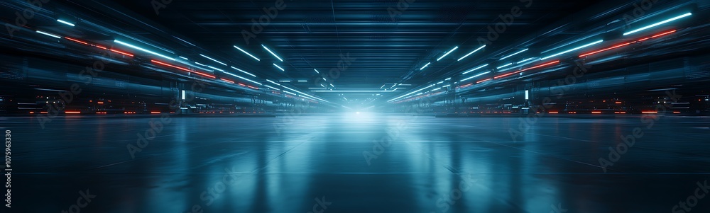 Poster a futuristic parking garage illuminated by vibrant led lights, creating a spacious and high-tech atm
