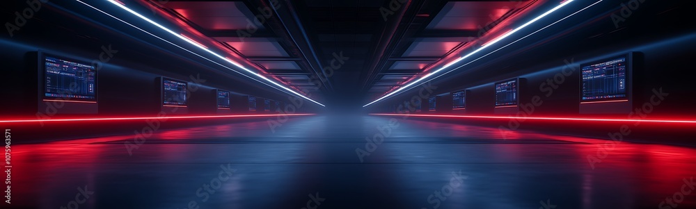 Poster a futuristic corridor with glowing red and blue lights, creating an immersive atmosphere that evokes