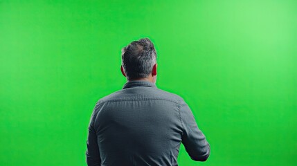 A Man Standing Back to Camera in Front of a Bright Green Chroma Key Background Ideal for Video Production, Creative Editing, and Special Effects Work