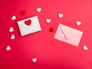 top view with red background with hearts for writing a love letter for valentines day and copy space