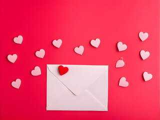 top view with red background with hearts for writing a love letter for valentines day and copy space