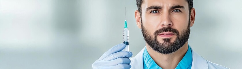 Obraz premium A confident healthcare professional holds a syringe, symbolizing medical care and vaccine administration in a clinical environment.