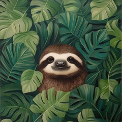 Obraz premium Whimsical Sloth Surrounded by Lush Green Leaves, Capturing the Charm and Playfulness of Wildlife in a Vibrant Tropical Setting