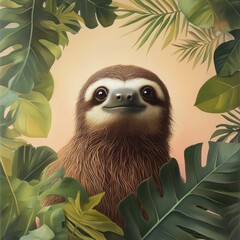 Obraz premium Adorable Sloth Surrounded by Lush Green Leaves in a Tropical Jungle Setting with Soft Lighting and a Playful Expression