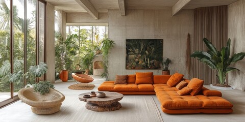 Modern living room with orange sectional sofa, wood coffee table, and large windows overlooking a lush tropical garden.