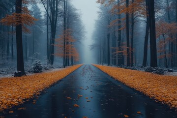 A misty forest path with fallen leaves. Perfect for illustrating a sense of mystery and solitude.