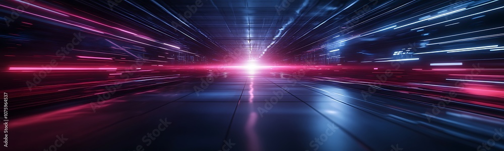 Poster A futuristic scene with vibrant red and blue light trails converging, suggesting speed and technology in a digital environment.