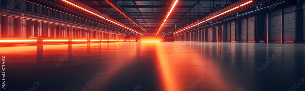 Poster a futuristic corridor illuminated by vibrant orange lines, showcasing a sleek and modern architectur