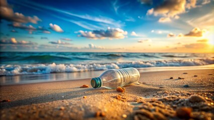 Tilt-Shift Photography of an Empty Plastic Bottle on a Bright Beach, Capturing the Fragility of Nature and Environmental Impact, with Soft Focus and Miniature Effect for Artistic Appeal
