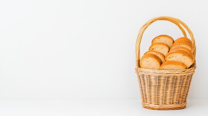 Freshly Baked Bread Rolls in a Woven Basket on a Neutral Background Ideal for Culinary and Home Bakery Promotional Imagery