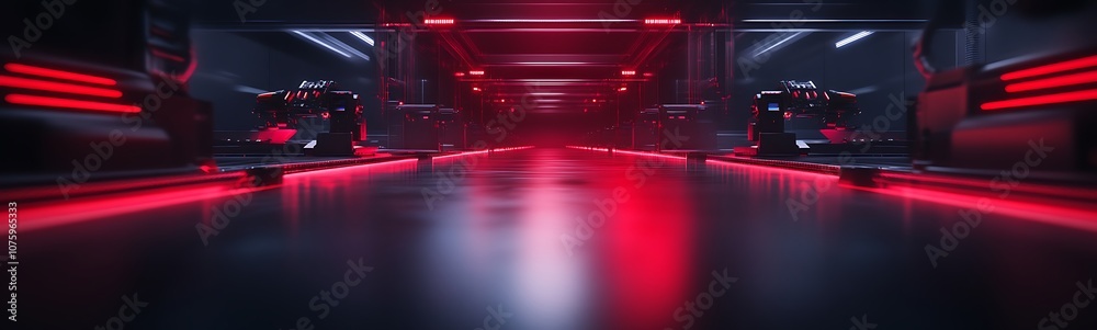 Aufkleber a sleek, futuristic environment illuminated by dynamic red lights, featuring polished floors and a h