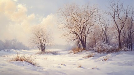 Capture the essence of the first day of winter with a serene landscape blanketed in fresh snow, highlighting bare trees and soft, diffused sunlight, evoking a sense of tranquility and wonder 