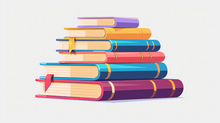 A stack of colorful books with bookmarks, showcasing a range of vibrant covers and sizes