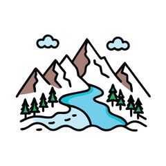 Mountain landscape icon with river and sun, Vector illustration of a mountain landscape featuring a river, pine trees, clouds, and sun, symbolizing nature, outdoors, and scenic views.

