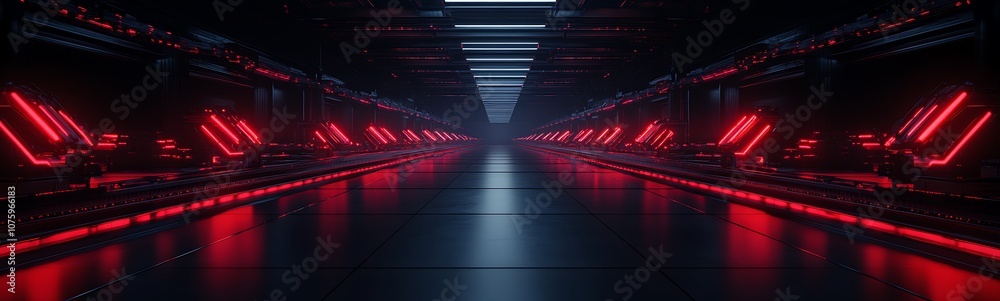 Leinwandbilder a futuristic corridor illuminated by red lights, featuring sleek lines and a reflective floor, creat
