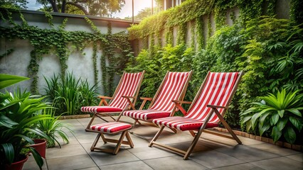 Obraz premium Tranquil View of Red Striped Lounge Chairs in a Serene Apartment Garden Setting with Minimalist Aesthetics and Natural Light for Relaxation and Leisure Activities