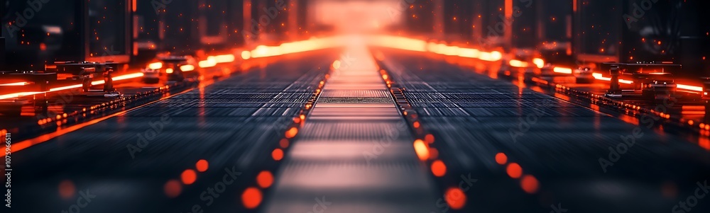Poster A futuristic view of a digital circuit with glowing red lines, evoking a high-tech atmosphere and potential advancements in technology.