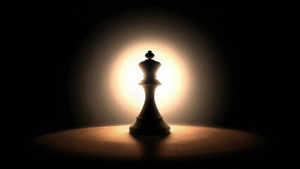 A lone chess queen stands tall in a spotlight, symbolizing power and leadership.