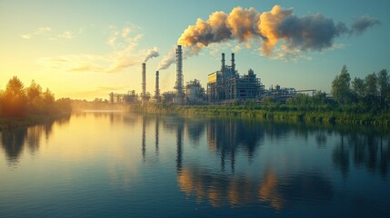 Industrial landscape with smokestacks reflecting in a river at sunset.