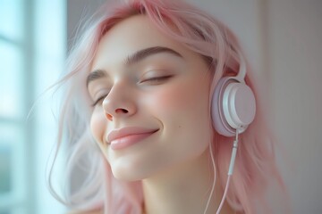 Pastel Dream Portrait of a 20 Year Old European Woman with Colorful Hair and Headphones in a Soft
