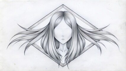 Fototapeta premium Pencil Drawing of a Woman with Long Hair in a Diamond Frame