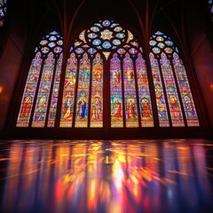 Stunning Stained Glass Windows Illuminating a Gothic Cathedral Interior with Vibrant Colors Reflected on the Polished Floor Surface
