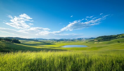 Obraz premium A serene landscape featuring rolling green hills, a calm pond, wind turbines in the distance, and a bright blue sky with scattered clouds.
