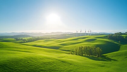 Fototapeta premium A vibrant landscape featuring rolling green hills beneath a bright blue sky and sun, with distant power lines visible on the horizon.