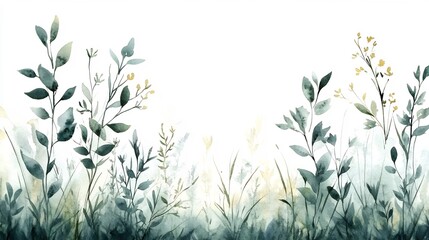 Watercolor Floral Background with Light Green Spring Grass and Leaves on White