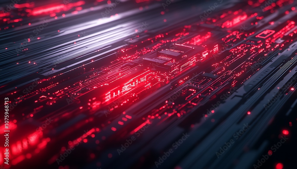 Poster A close-up view of glowing red circuits and patterns, evoking a sense of advanced technology and digital innovation.