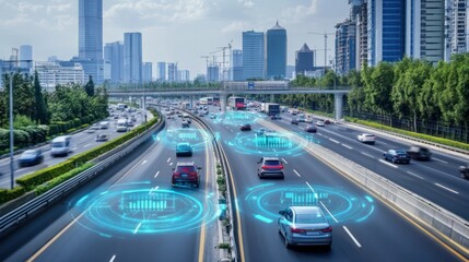 Fototapeta premium Autonomous Vehicles Driving on a Highway with Futuristic HUD Displays