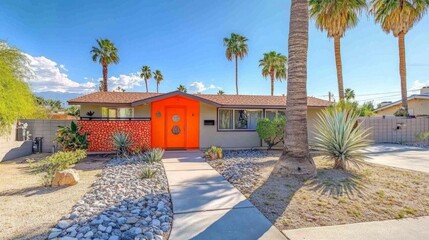 Desert modernist home with an orange door, mid-century decor, and palm trees under the bright California sun