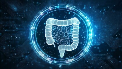 Obraz premium Intricate Human Intestine: A digital art rendering of the human large intestine, glowing with a vibrant blue light within a circular technological frame.