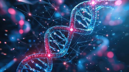 Stunning Close-Up View of a DNA Helix Structure with Vibrant Colors and Digital Background Elements Representing Genetic Research and Science Discovery